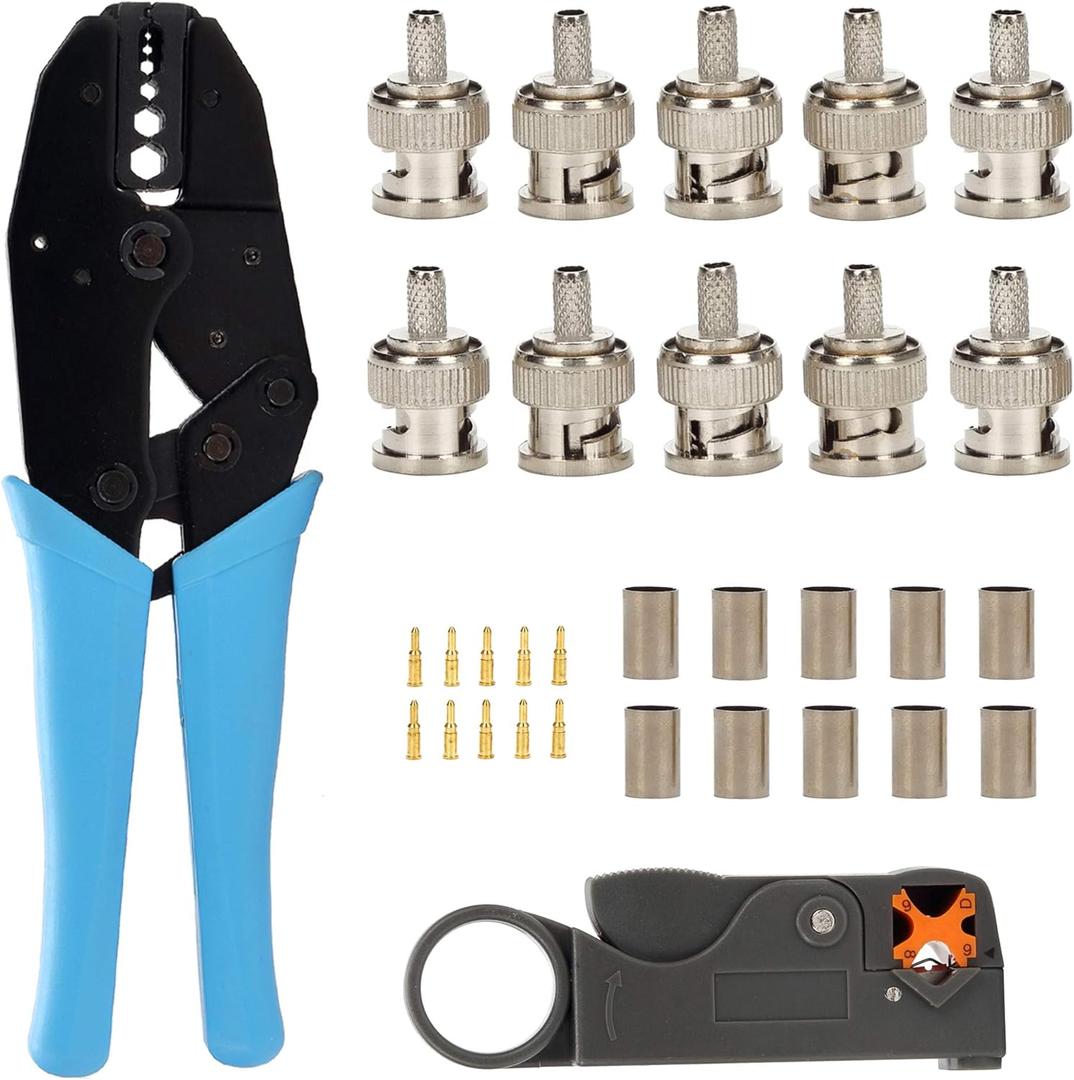 BNC RG58 Plug Crimp Connector and Striping Crimp Tool for RG58 RG59 Pack of 10