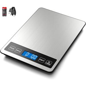 Fuzion Food Scale, 1g/0.1oz Digital Kitchen Scale - 22lb, 7 Units, Tare & PCS, Rechargeable Power, Tempered Glass & Stainless Steel - Food Weight Scale Grams and Ounces for Cooking, Baking (LCD-Piece Counting, Silver)