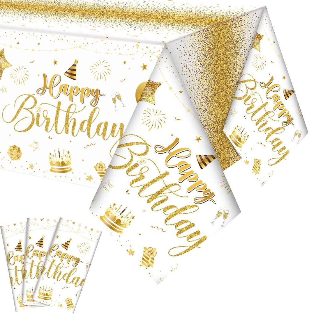 Tudomro 3 Pcs Happy Birthday Tablecloths Happy Birthday Party Decorations Plastic Table Cover Rectangular Cloths for Women Men Baby Shower Party Supplies, 108 x 54 Inch (White Gold)