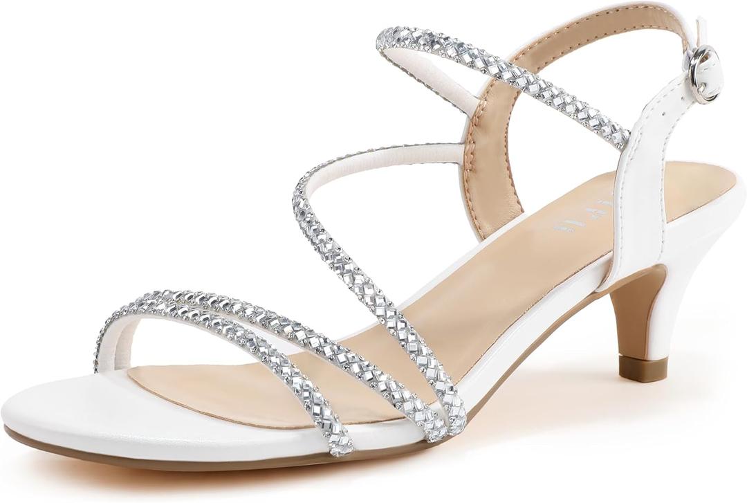 IDIFU IN2 Sparkly Rhinestone Kitten Heels Dressy Strappy Low Open Toe Slingback Heel Dress Shoes for Women Heeled Sandals Wedding Bridal Bridesmaid Prom Homecoming Evening Shoes Small Short Heels (White Rhinestone, 11)