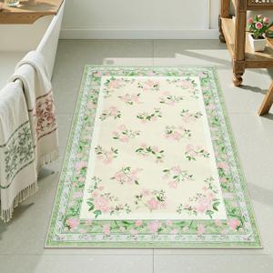 LIVEBOX Washable Rug 2x3 - Indoor Entry Way Rug Boho Low-Pile Small Throw Rugs for Front Door Kitchen,Floral Doormat Carpet Non-Slip French Country Indoor Rugs, Light Green