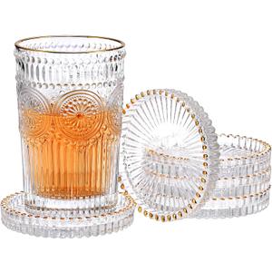 Set of 5 Modern Clear Coaster, Glass Coasters for Drinks, Crystal Coasters Round Cup Mat, Coffee Table Decor for Office, Kitchen, Bar, Dining Room, Living Room, Patio (Clear with Gold Rim)