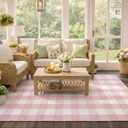 Spring Pink and White Plaid Rug, 2'4" x 3'7" Cotton Blend Layered Doormat Rug for Front Door, Hand-Woven Washable Entryway & Porch Decor