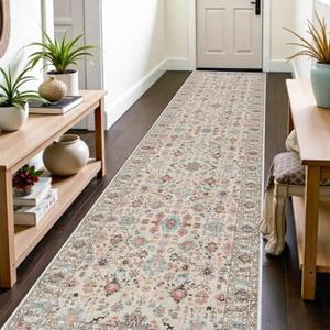 TOPRUUG Hallway 3x12 Runner Rug: Non Slip Runner Rugs with Rubber Backing Floral Soft Kitchen Rug Farmhouse Distressed Carpet Runner for Living Room Bedroom Bathroom (Beige/Colorful, 3X12)