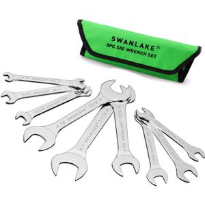 SWANLAKE 9-piece Super-Thin Open End Wrench Set, SAE 1/4", 9/32", 5/16", 3/8", 11/32", 13/32", 7/16", 1/2", 9/16", 11/16", 5/8", 19/32", 3/4", 13/16", 7/8", 15/16", 1", 1-1/16" with Rolling Pouch