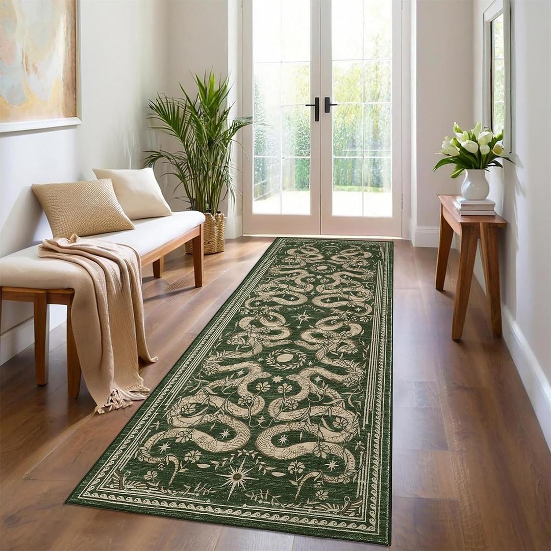 Snake Washable Runners for Hallways 2.5x8 Runner Rug for Kitchen Non Slip with Rubber Back Forest Soft Low-Pile Stain Resistant Thin Carpet for Entryway Bedroom Laundry Room Green