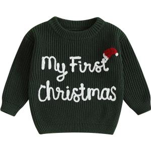 Baby Girl Boy Sweater My First Christmas Outfit Letter Knit Newborn Infant Fall Winter Clothes Pullover Top (0-3 Months, Dark Green)