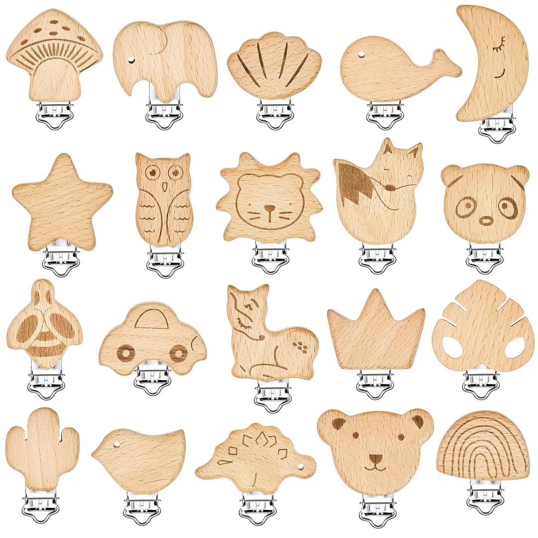 20 Pieces Wood Pacifier Clips Toy Suspender Clips Charm DIY Pacifier Holder for Baby Toddler Teething Grasping Accessory
