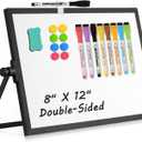 Dry Erase Magnetic White Board, 8" x 12" Black Aluminum Frame Double-Sided Desktop Whiteboard with Stand, Portable Small Whiteboard Set for Drawing, Office, Home, School