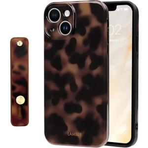 NITITOP Compatible with iPhone 15 Case with Wrist Strap Cute Stylish Leopard Aesthetic Tortoise Amber Design for Women Girls Men Soft TPU Shockproof Protective Cover - Brown Leopard