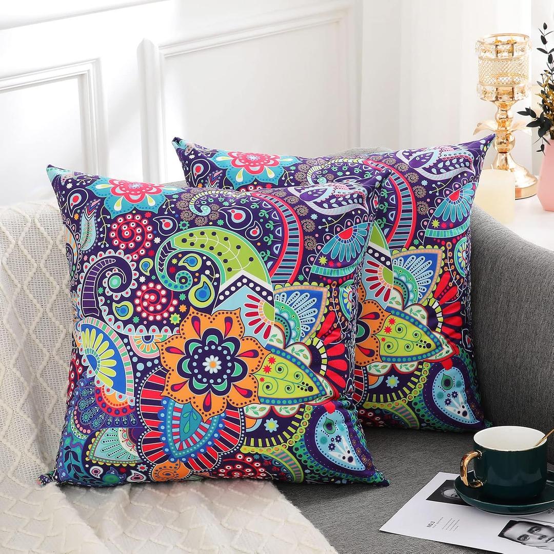 hyha Paisley Throw Pillow Covers 20x20 Inch, Set of 2 Printed Velvet Couch Pillows, Floral Pattern Decorative Pillow Covers, Multicolor Boho Pillow Covers for Bed Couch,(20x20, Paisley Floral)