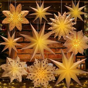 Leinuosen 10 Set Christmas Snowflake Paper Lantern Star Paper Lantern with 10 LED Lights Lamp Star Hanging Decor for Party Xmas Weddings New Year Birthday Celebration Decorations (Kraft Color)