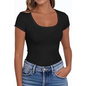 PALINDA Women's Short Sleeve Scoop Neck Fitted Shirts Basic Casual Stretchy T Shirt Workout Tops (Large, Black)