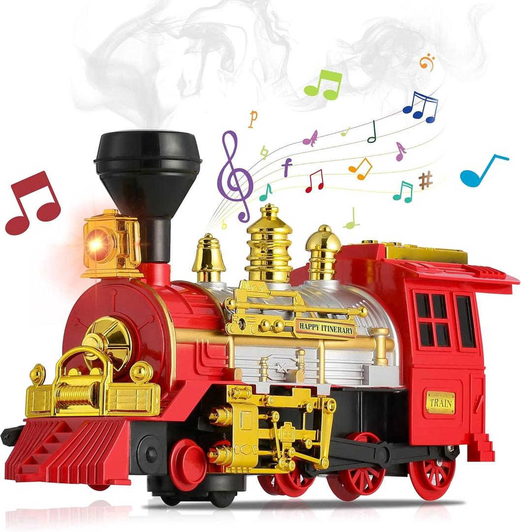 Train Toy for Toddlers 3-5, Bump & Go Trucks Locomotive Electric Steam Engine with Smoke, Light & Sound, Toddler Toy Trucks for Boys Ideal Gift for Ages 3 and Up Children Kids Girls (Red)