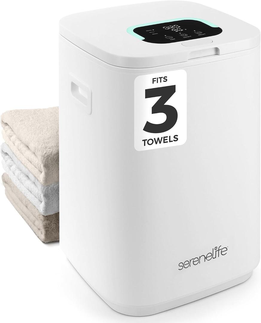SereneLife Towel Warmer Bucket - Compact 23L Bathroom Towel Heater with Essential Oils Disc Holder, Adjustable Timer, Auto Shut-Off, Power Cord Storage & LED Display, Fits 2 Oversized Towels (White)
