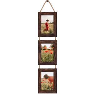 QUTREY 4x6 Picture Frames Collage, 3 Openings 4 x 6 Vertical Hanging Photo Frames Display 4 by 6 inch Pictures for Wall Decor, Distressed Brown