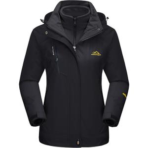MAGCOMSEN Women's 3-in-1 Winter Coats Snow Ski Jacket Waterproof Windproof Fleece Lined Winter Jacket Parka (XX-Large, Pure Black)