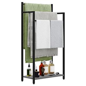 yeavs Freestanding Towel Rack, 3 Tier Blanket Ladder Stand with Oak Grey Wooden Shelf for Bathroom Living Room (31.5”H x 16.9”W x7.9”D)