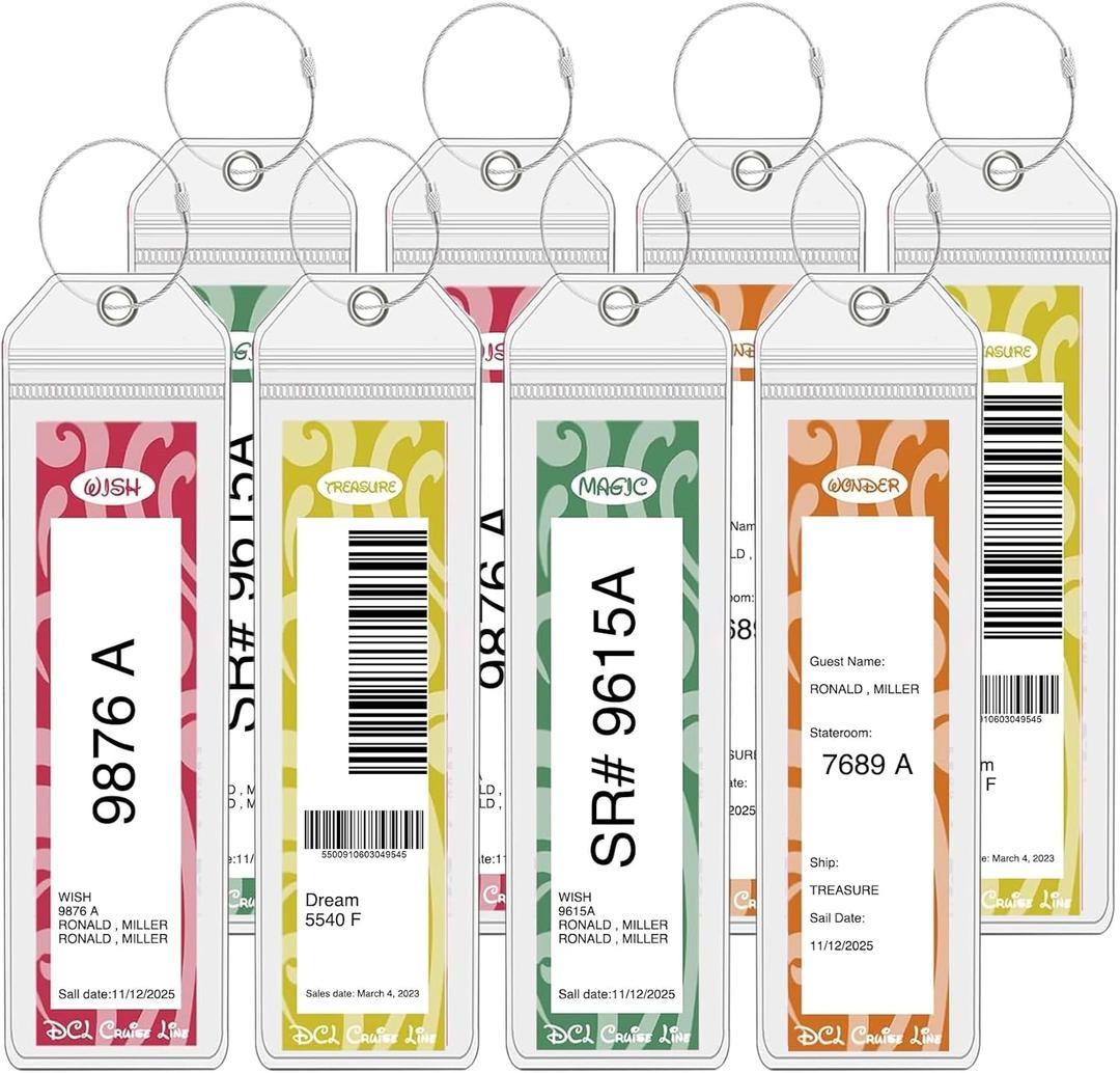 8 Pack DCL Cruise Luggage Tag Holders, Waterproof Durable Plastic with Steel Loops, Fits All DCL Ships Dream, Fantasy, Magic, Wonder, Wish, Treasure, Adventure, DCL Cruise Ship Essentials Must Haves