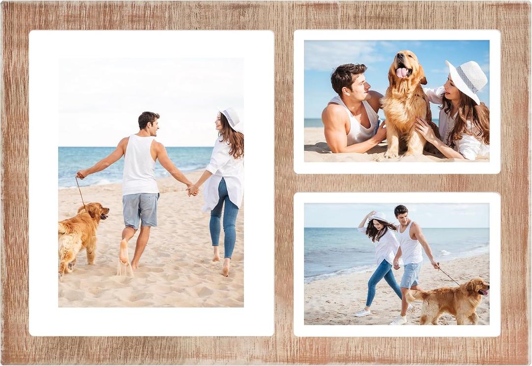 YESKAY Collage Picture Frame for 8x10 and 2 5x7 Pictures Display,3 Opening Family Photo Frames with Tempered Glass Wall Decor(Rustic Brown_1 Pack)