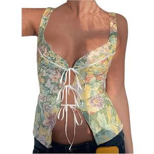 SOLY HUX Women's Floral Print Bow Tie Front Tank Top Sleeveless Sweetheart Neck Y2k Tops (S)