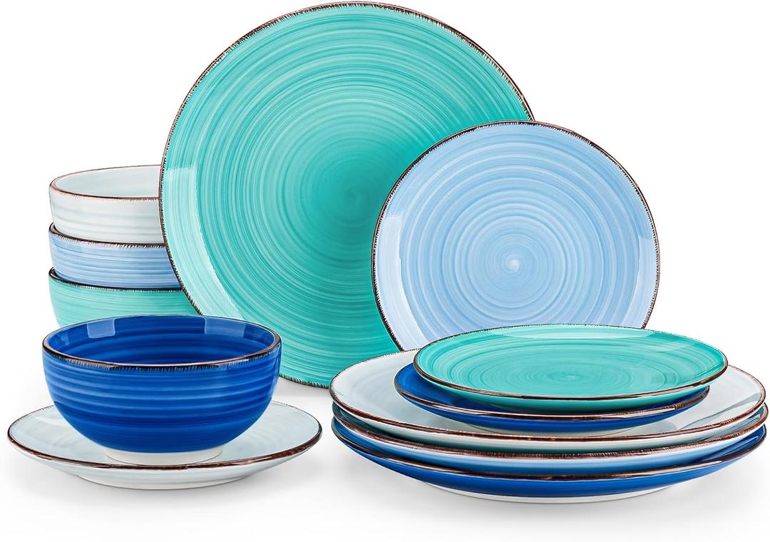 vancasso Bonita Dinnerware Set Blue Stoneware 12 Pieces Service for 4, Handpainted Spirals Pattern Stoneware Plates and Bowls Set (Service for 4 (12 pcs), Bonita Blue)