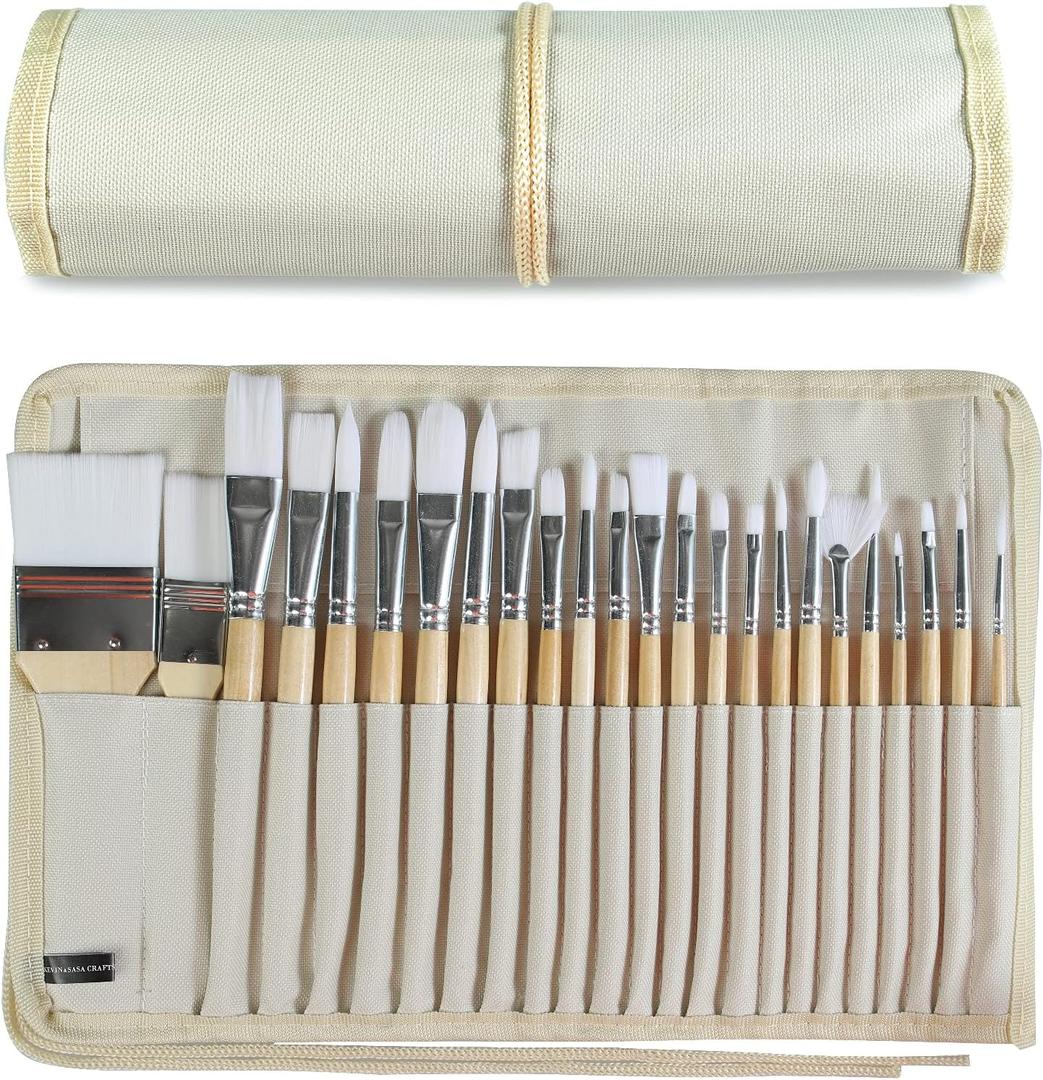 Paint Brushes Set of 24 Pieces Wooden Handles Brushes with Canvas Brush Case, Professional for Oil, Acrylic and Watercolor Painting (Large)