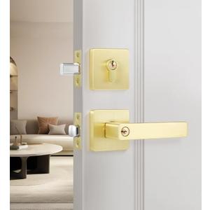 Leydebong 1 Pack Gold Door Handleset with Single Cylinder Deadbolt Entry Lever Door Handle and Deadbolt Lock and Key Combo Pack Heavy Duty Door Lock for Left or Right-Handed Doors