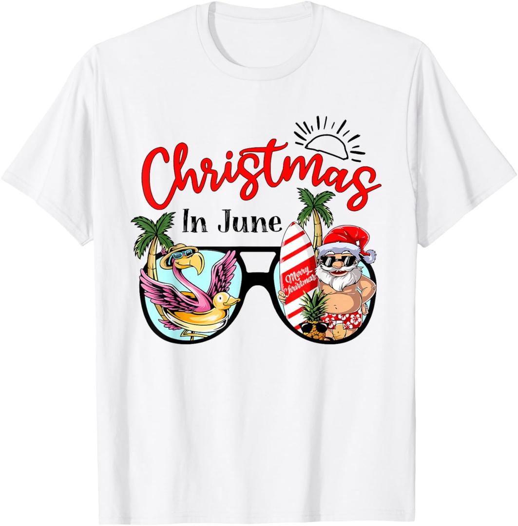 Christmas In June Sunglasses Santa Flamingo Summer Vacation T-Shirt for Men Women Kids (Small)