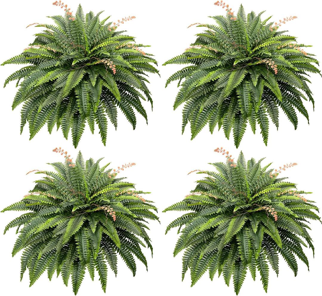CQURE Artificial Boston Ferns for Outdoors, 50 Inch Large Fake Fern Plant with 96 Fronds, Set of 4 Realistic Artificial Fern Bushes for Indoor Outdoor Garden, Porch, Patio Decor
