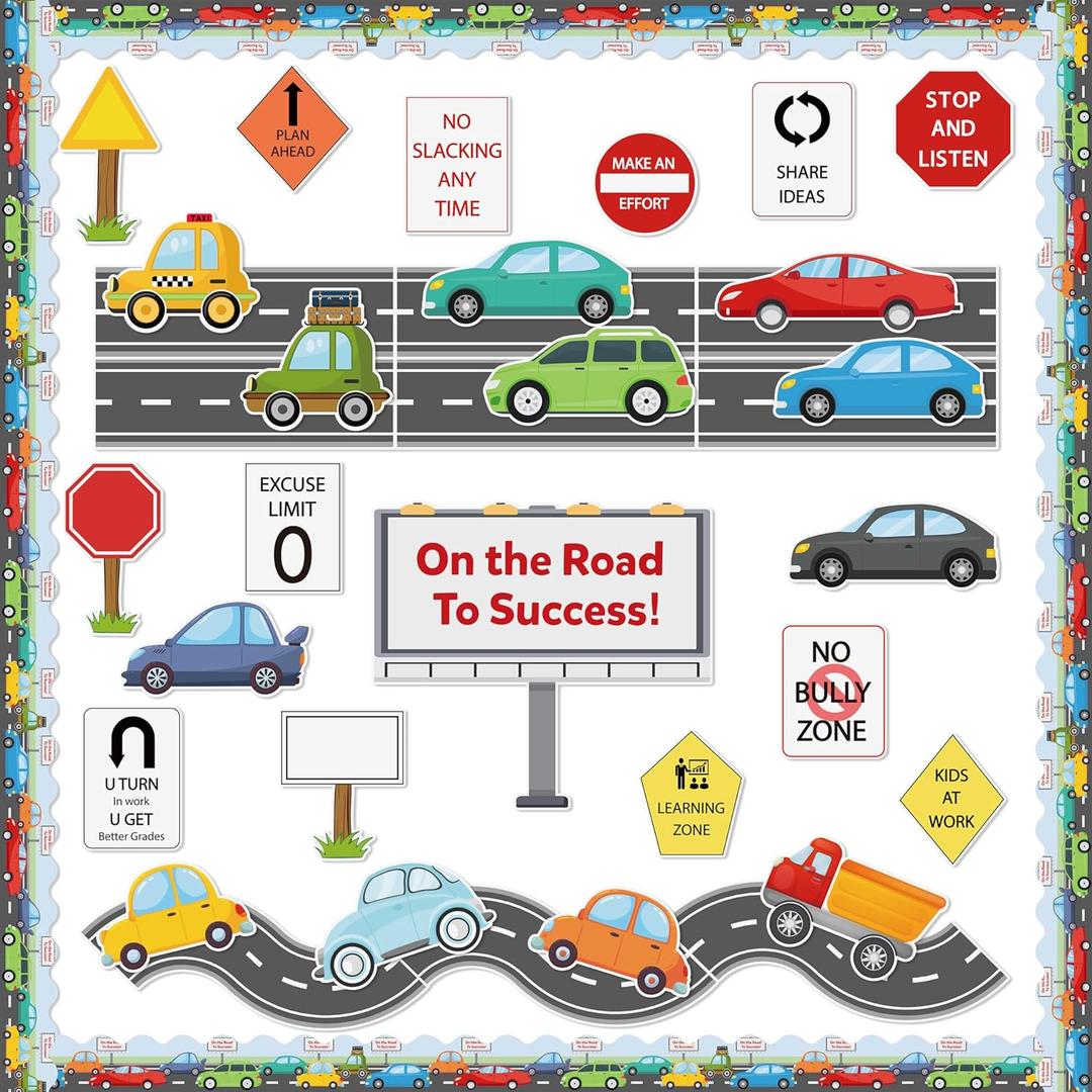 115Pcs Back to School On The Road to Success Car Bulletin Board Classroom Decoration Car Traffic Road Cutouts Name Tags Trim Back to School Party Supplies Classroom Chalkboard Wall Door Decor