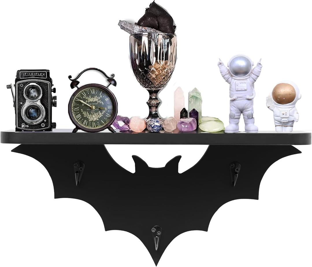 Bat Shelf Floating Shelves for Wall,15.5 inch Wall Shelf with 3 Key Hooks,Black Shelves for Living Room Bedroom Kitchen Gothroom