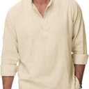Cotton Linen Shirts for Men Lightweight Casual Long Sleeve Henley Beach Hawaiian Tops (Yellow, S)