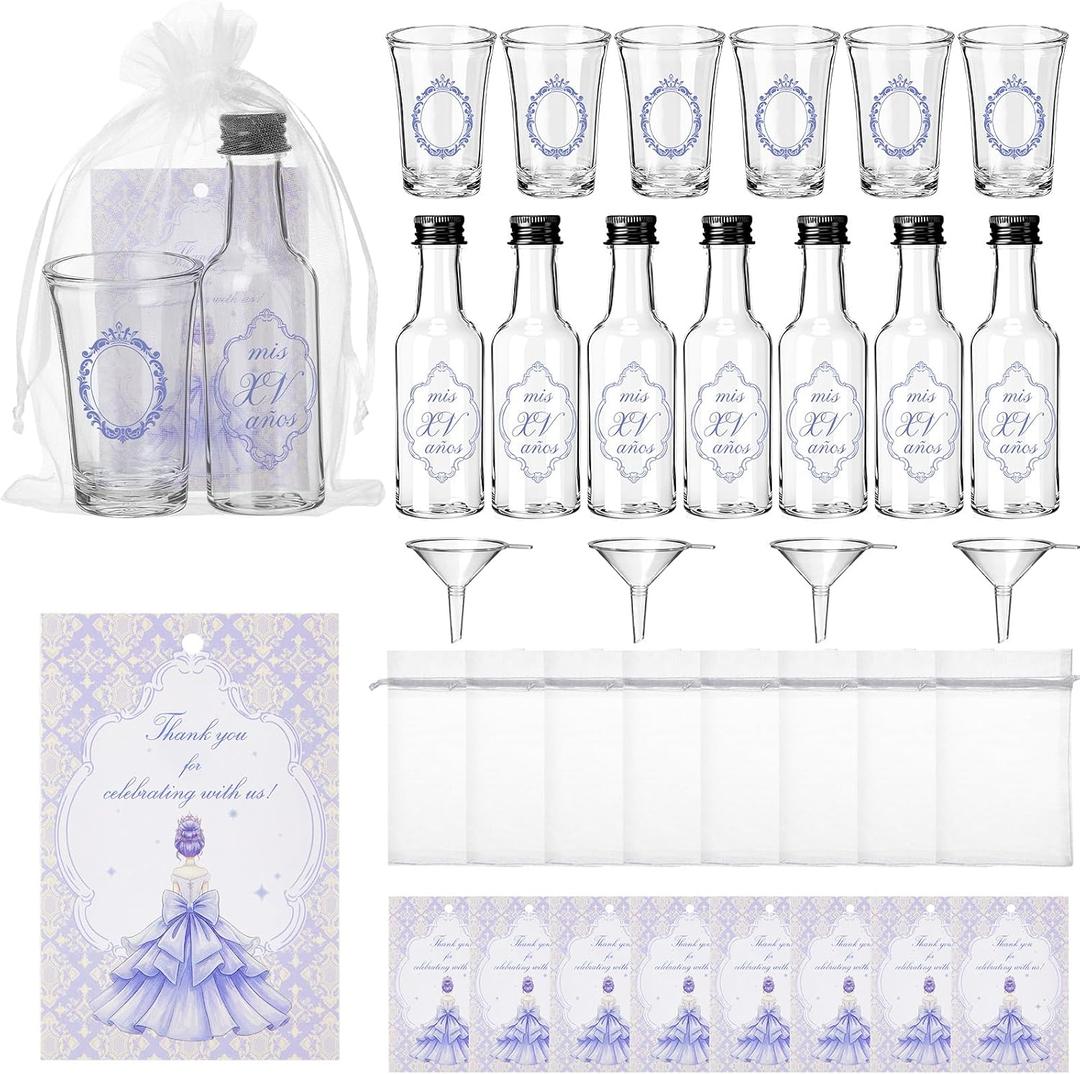 24 Set Quinceanera Party Favors for Guests Include Aera Clear Shot Glasses Plastic Empty Bottle Thank You Card Organza Bag and Funnel for Sweet 15 Birthday Party Supplies(Purple)