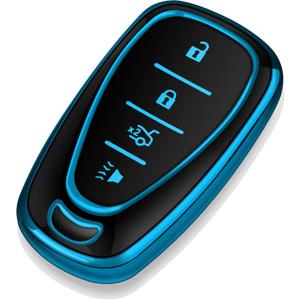 Tukellen for Chevrolet Key Fob Cover Special Soft TPU Key Case Key Shell Compatible with 2016-2024 Chevy Blazer Bolt EV Camaro Cruze Equinox Malibu Sonic Spark Traverse Key Shell (Blue, 4 Buttons)