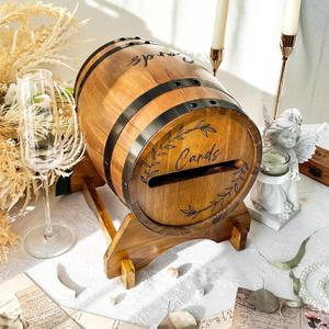 Wooden Wedding Card Box for Reception, Whiskey Barrel Gift Card Box for Party, Money Envelope Boxes with Slot & Holder for Graduation Bridal Shower Birthday Wedding Decor (Brown)