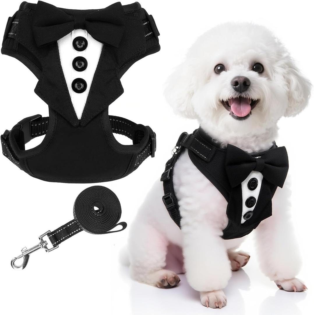 EXPAWLORER Dog Tuxedo Harness, Adjustable No Pull Pet Vest Harness with Leash Wedding Suit Attire with Bow Tie, Soft Padded Step-in Party Outfit Costume for Puppy Small Medium Dogs, Black M