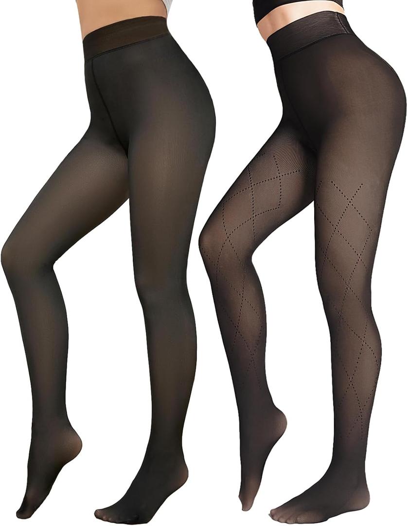Fleece Lined Tights Sheer Women - Fake Translucent Warm Pantyhose Leggings Sheer Thick Tights for Winter (Small, Black+black Stripe)