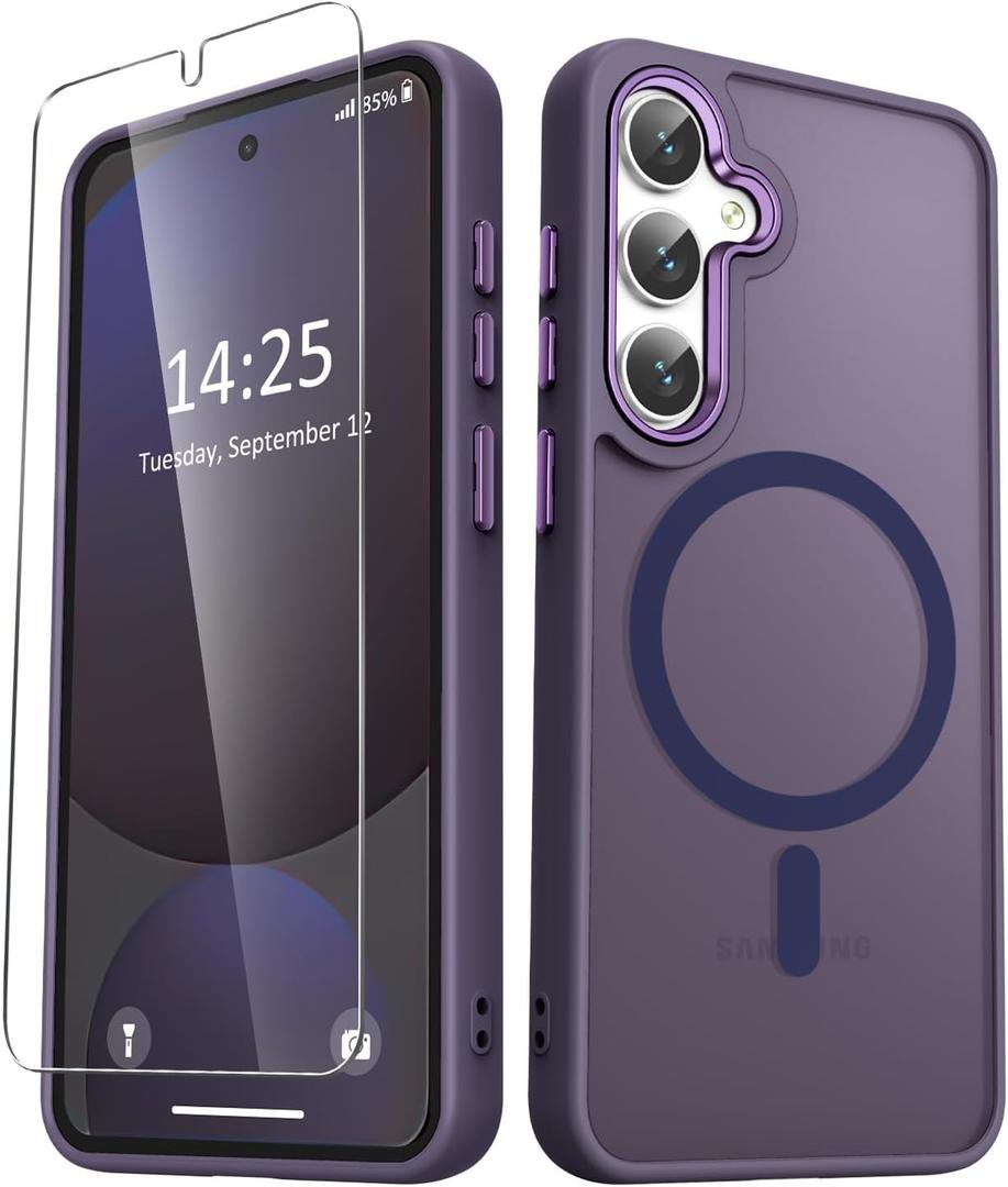 for Samsung Galaxy S25 Case, Matte Magnetic Phone Case with 1 Screen Protector, Support for Magsafe, Translucent Frosted Shockproof Protective Cover for Samsung Galaxy S25, Purple