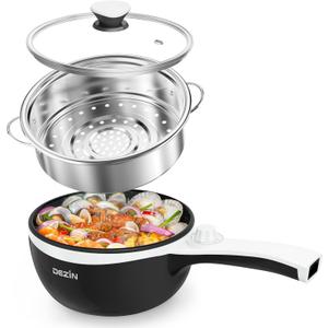 Dezin Hot Pot Electric with Steamer Upgraded, Non-Stick Saut Pan, Rapid Noodles Electric Pot, 1.5L Mini Pot for Steak, Egg, Fried Rice, Ramen, Oatmeal, Soup with Power Adjustment (Black 2)