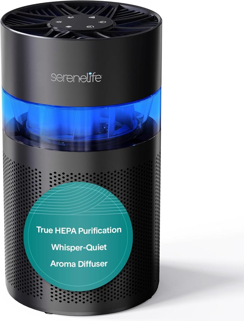 SereneLife Portable Air Purifier - Small Air Purifier with Aroma Box & Ambient Light, High Filtration Efficiency, 2-Speed, Timer & Sleep Mode, Filter Change Reminder, 6 x 6 x 12 in. (Black)