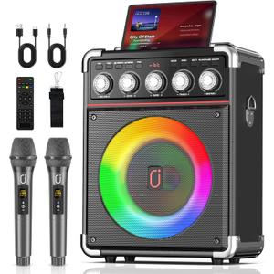 Karaoke Machine, 24H Playtime Portable Bluetooth Speaker with 2 Wireless Microphones for Adults, PA System with Bass/Treble/Echo Adjustment, for Outdoor Singing, Home Parties & DJ Night Karaoke Machine, 24H Playtime Portable Bluetooth Speaker with 2 Wireless Microphones for Adults, PA System with Bass/Treble/Echo Adjustment, for Outdoor Singing, Home Parties & DJ Night