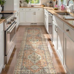 Lahome Oriental Kitchen Runners for Hallways, 2.5x10 Washable Runner Rug Non Slip, Soft Hallway Rug Distressed Ultra-Thin Long Carpet for Bathroom Entryway Bedroom, Peach/Orange (Terracotta)