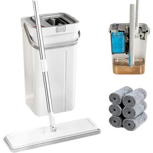 Mop and Bucket Set, Flat Mop and Bucket System with Wringer, Automatic Separates Dirty and Clean Water Include 6 Reusable Microfiber Mops for Floor Cleaning