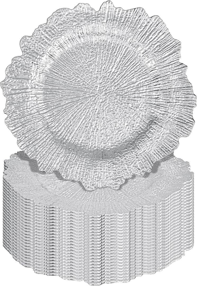 24Pcs Silver Charger Plates Round 13inch, Reef Plate Chargers for Dinner, Bulk Plastic Floral Table Charger Plates for Dinner Wedding Party Event Table Setting Decoration(Silver)