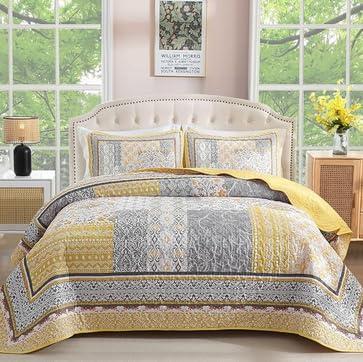 WONGS BEDDING Yellow Quilt Set Full,Bohemian Patchwork Bedspread Coverlet Set, Reversible Boho Floral Pattern Bedspreads Bedding Quilt Set for All Seasons (78"x90")