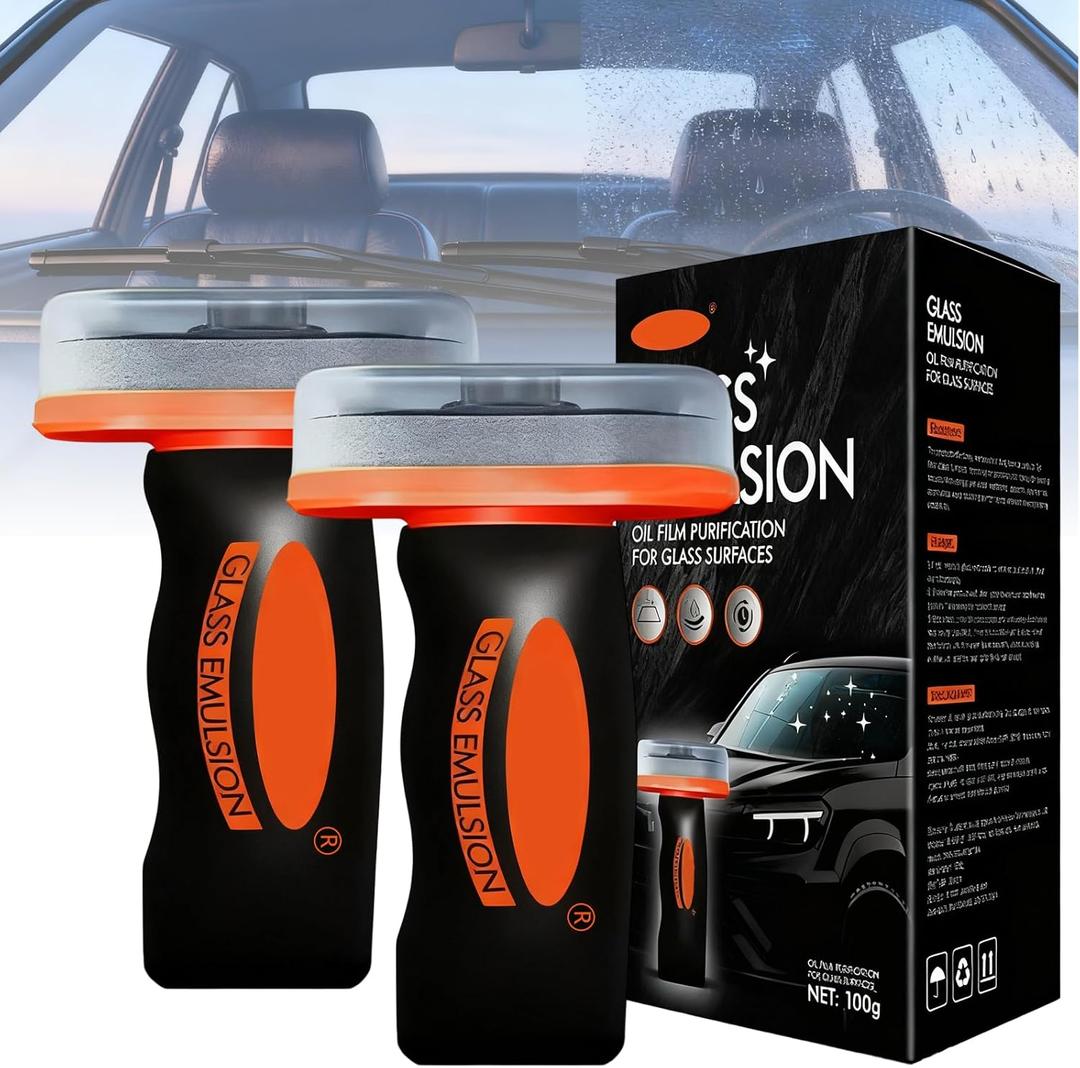 2PCS Glass Oil Film Remover for Car, Roll-On Glass Compound with Cleaning Board, Removes Oil Film & Smudges, Universal Anti-Rain Fog Brush Oil Film Remover for Car Windshields and Windows(100g)