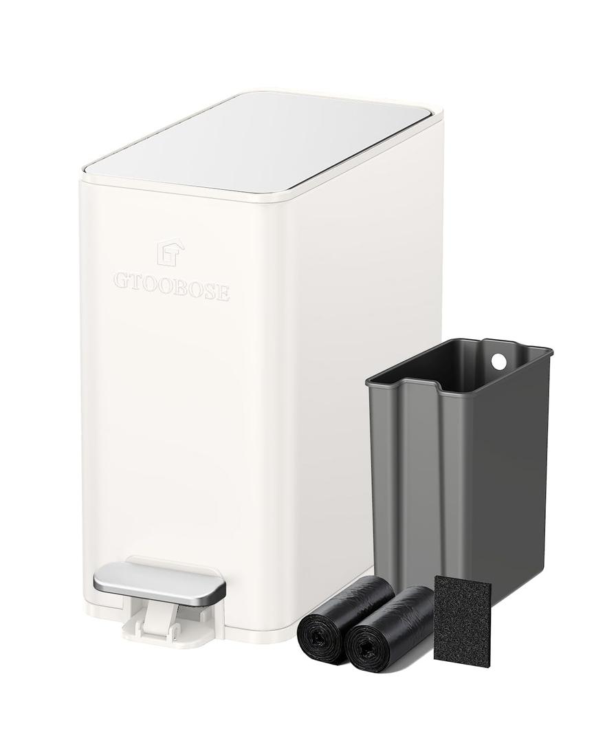 10L/2.6G Slim Bathroom Trash Can, Narrow Stainless Steel Soft-Close Step Pedal Bin with Lid, Odor Control Carbon Box, Removable Inner Bucket, Small Waste Bin for Bedroom, Office, RV (White)