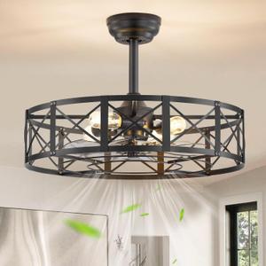 23 Inch Fandelier Caged Ceiling Fans with Lights and Remote, Black Bladeless Ceiling Fan with 6 Speeds and Timing, Farmhouse Samll Fan Lights Ceiling Fixtures for Kitchen, Bedroom-Black