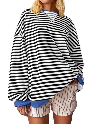 ANRABESS Women Striped Oversized Sweatshirt Crewneck Long Sleeve Shirts Hoodies 2025 Summer Fashion Pullover Top Y2K Outfits Black White Small